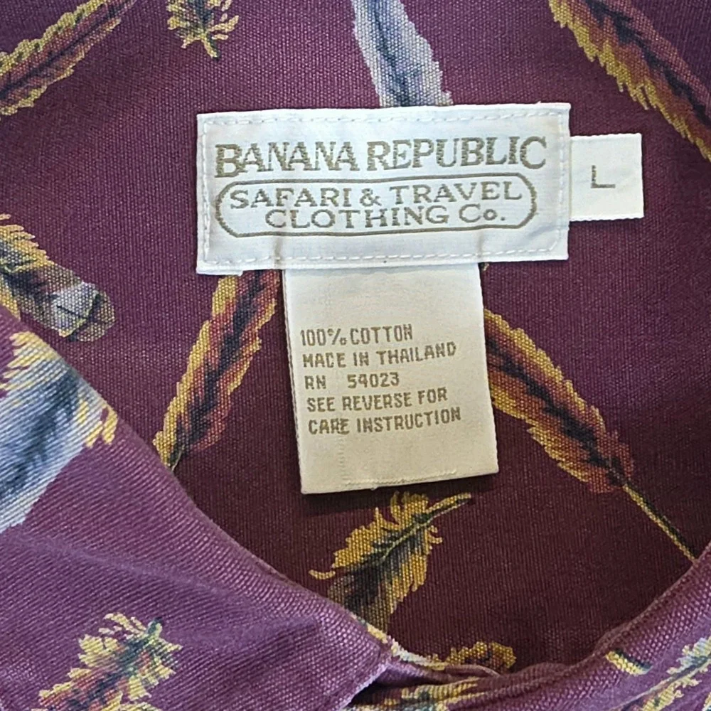 Vintage Banana Republic Safari Button Up‎ Mens L Long Sleeve Feathers Burgundy